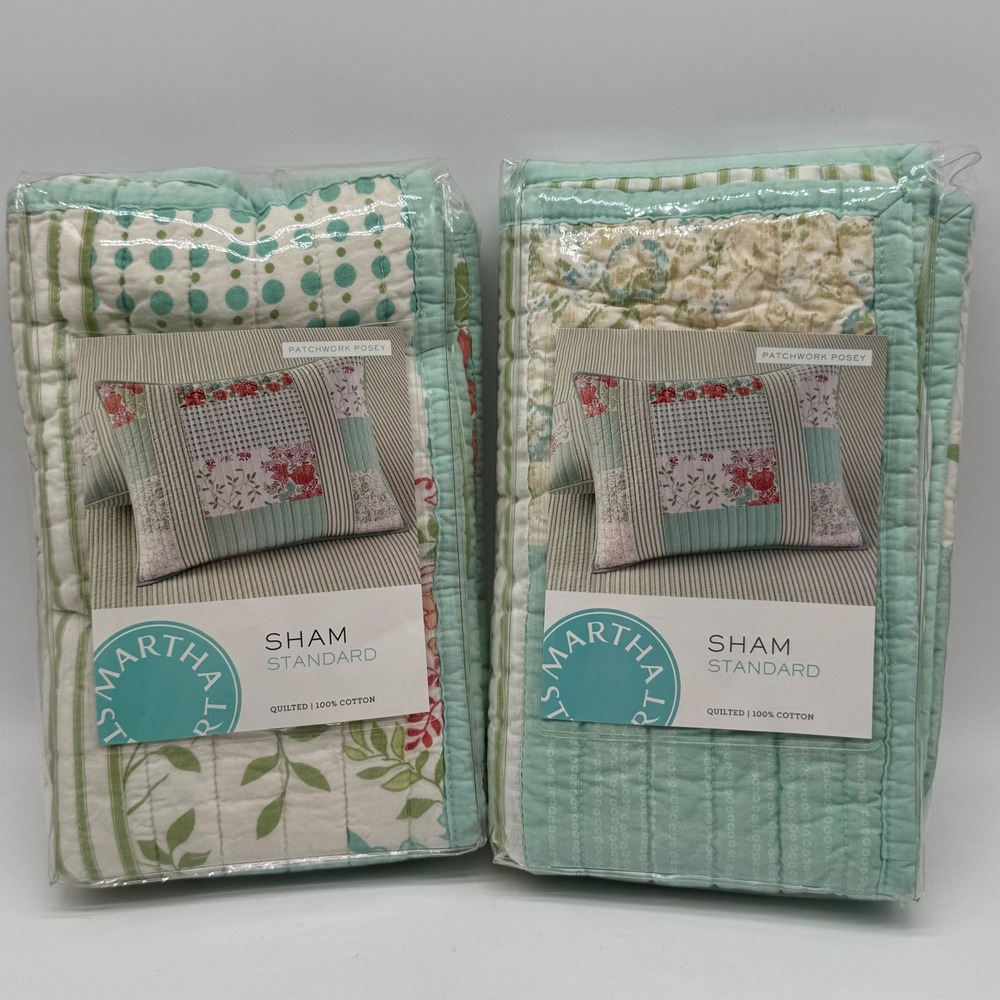 Martha Stewart Patchwork Posey Quilted Standard Pillow Shams Set of 2 Aqua New